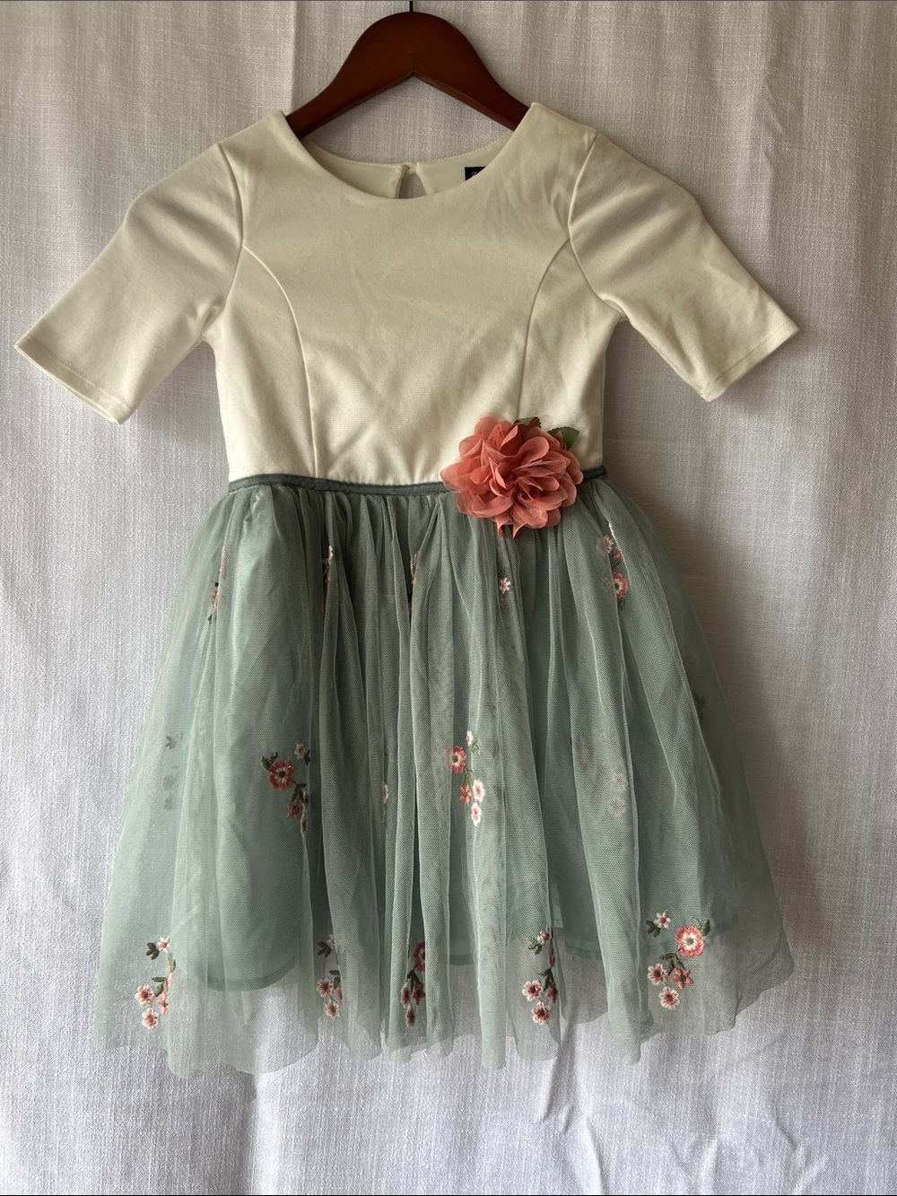 Zunie Cream Bodice Seafoam Green Tulle Dress with Coral Flower